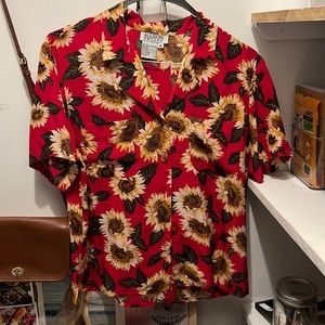 Vintage 100% Silk Sunflower Button Down Medium